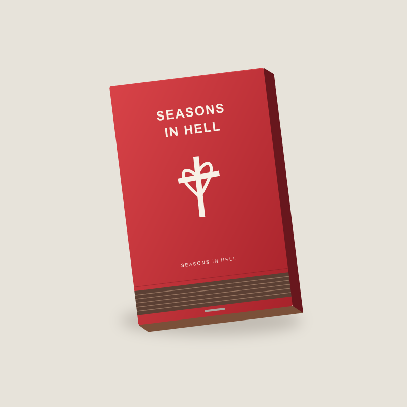 Red Matchbook with Seasons In Hell lettering and heart and cross