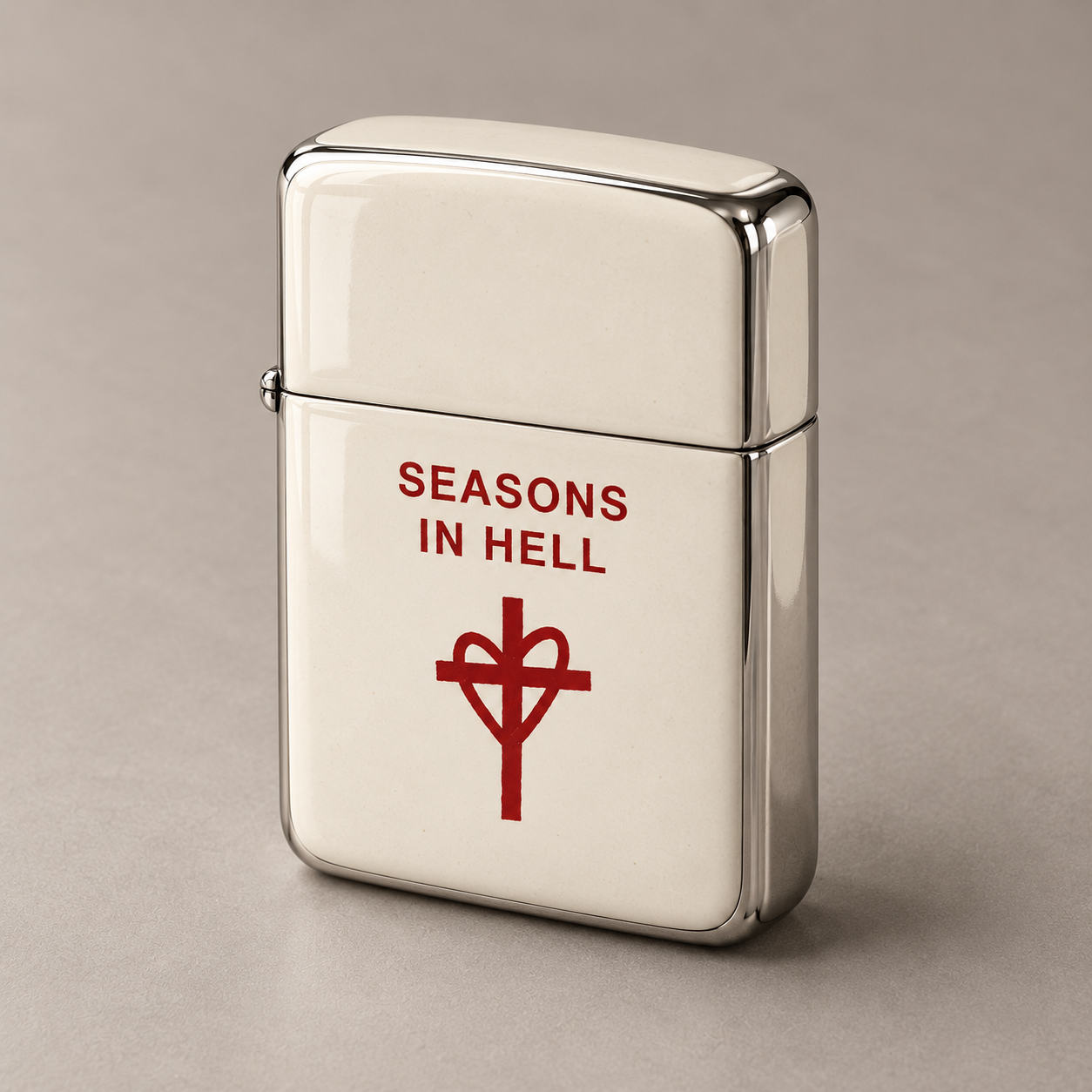 White Lighter Case with Seasons In Hell lettering and heart and cross