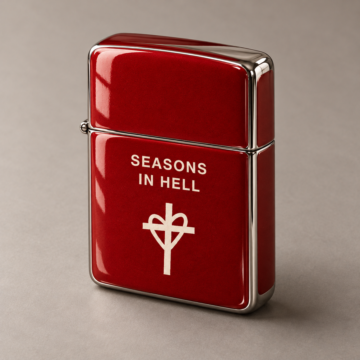 Red Lighter Case with Seasons In Hell lettering and heart and cross